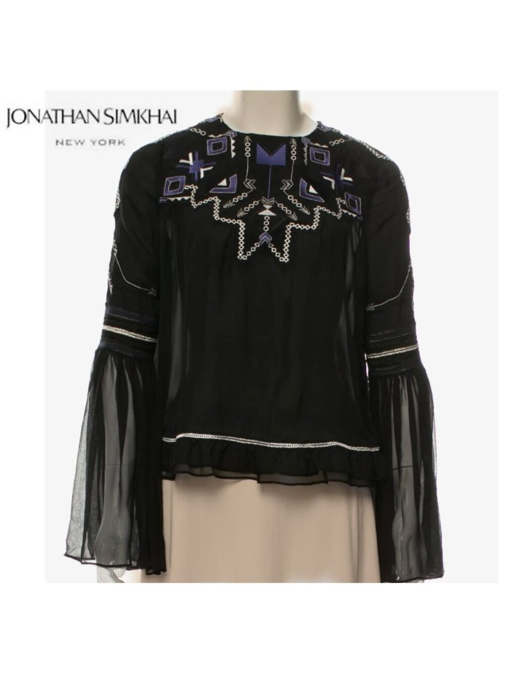 Jonathan Simkhai black silk top, embroidered details, statement sleeves, XL